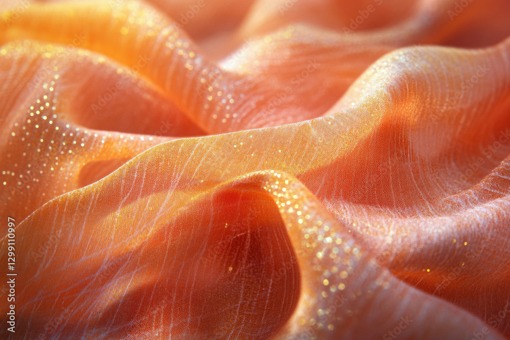 Close-up of peach-colored shimmering fabric with subtle texture and soft light. Close-up of peach-colored shimmering fabric with subtle texture and soft light.