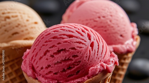 Summer Delights: A trio of ice cream cones, each brimming with vibrant scoops of strawberry, vanilla, and raspberry, are presented in a mouthwatering display of frozen treats.