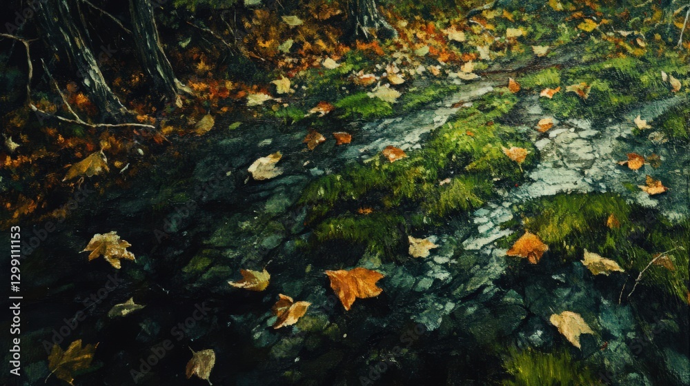 Autumn Leaves Scattered Along Forest Streambed Autumn Leaves Scattered Along Forest Streambed