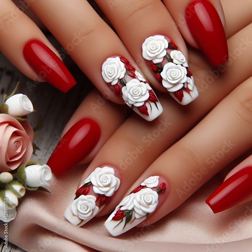 woman hands with red manicure and white roses details
