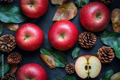Colorful Apples and Pine Cones Arranged on Autumn Leaves in a Seasonal Display
