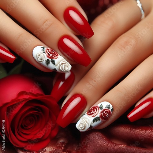 Red nails with white roses