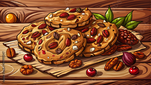 Delicious cranberry and pecan oat cookies on a rustic wooden surface