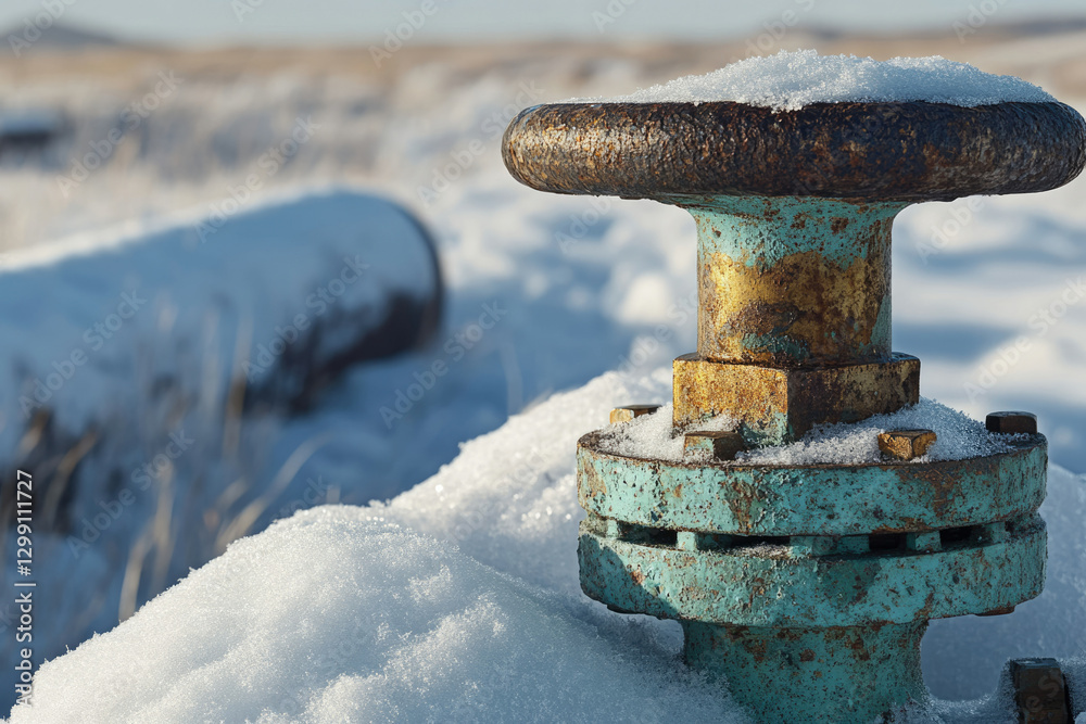 A snow-covered rusty valve on a pipeline in a wintry landscape. A snow-covered rusty valve on a pipeline in a wintry landscape.