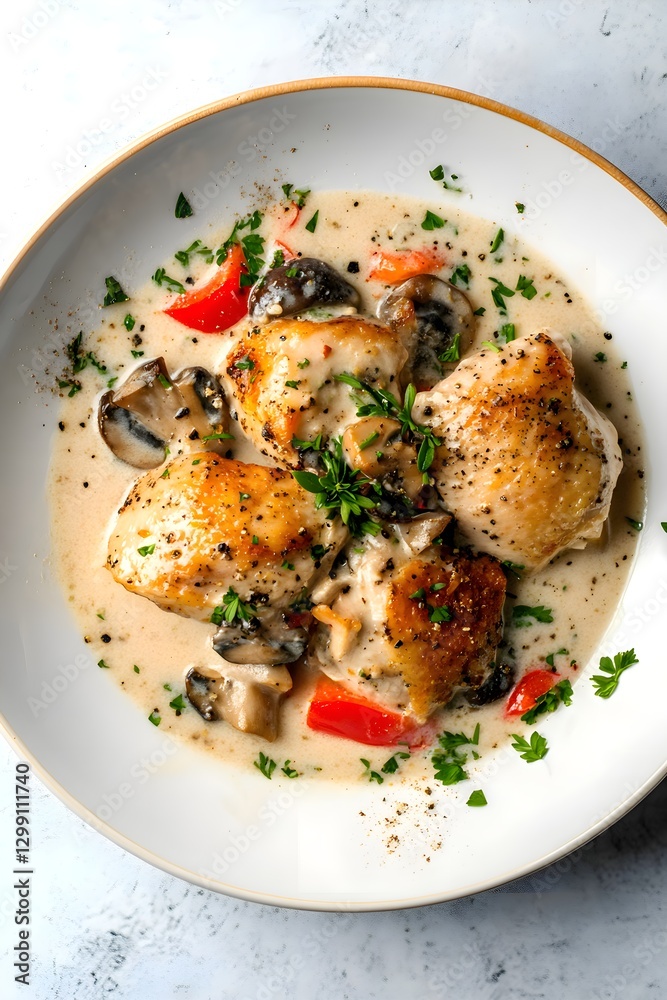Chicken Fricassee with Mushrooms and Cream, garnished elegantly Chicken Fricassee with Mushrooms and Cream, garnished elegantly