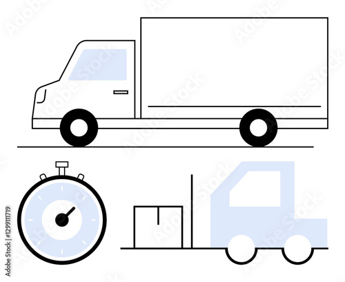 Truck stopwatch boxes and a forklift. Ideal for logistics, transportation, delivery services, time management, efficiency, supply chain, and punctuality concepts. Line metaphor