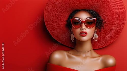 Fashionable Woman in Red Hat and Oversized Sunglasses Posing Against Solid Re...