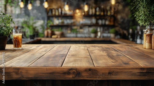 Rustic Wooden Bar Counter in a Cozy Ambient Setting With Hanging Lights and W...