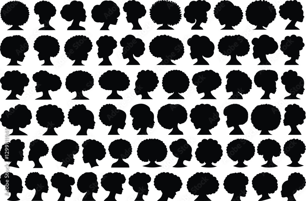 Fototapeta premium Set of black women’s afro hairstyle profile silhouette vector illustrations