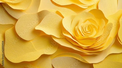 A yellow flower made of paper is shown in the image. The flower is made up of many small pieces of paper, and it is a very detailed and intricate design