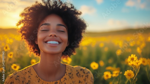 Joyful Woman Smiles in a Sunny Field Filled With Flowers During Golden Hour