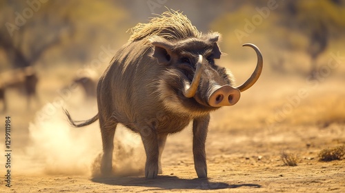 Rugged Warthog standing in the dry savanna its curved tusks catching the sunlight dust rising around its sturdy legs as it snorts