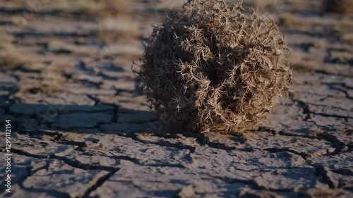 Wide-angle video shot of a barren desert landscape with cracked earth and scattered tumbleweeds under a clear blue sky, evoking solitude. Live desktop wallpaper.