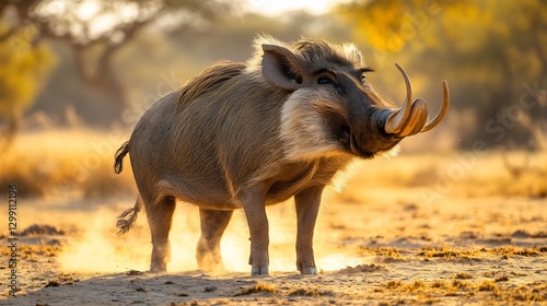 Rugged Warthog standing in the dry savanna its curved tusks catching the sunlight dust rising around its sturdy legs as it snorts