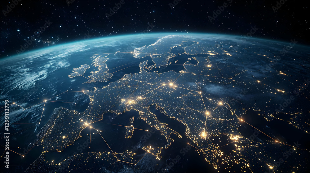 Obraz premium Nighttime Satellite View Of Europe With Illuminated Cities Against Dark Sky