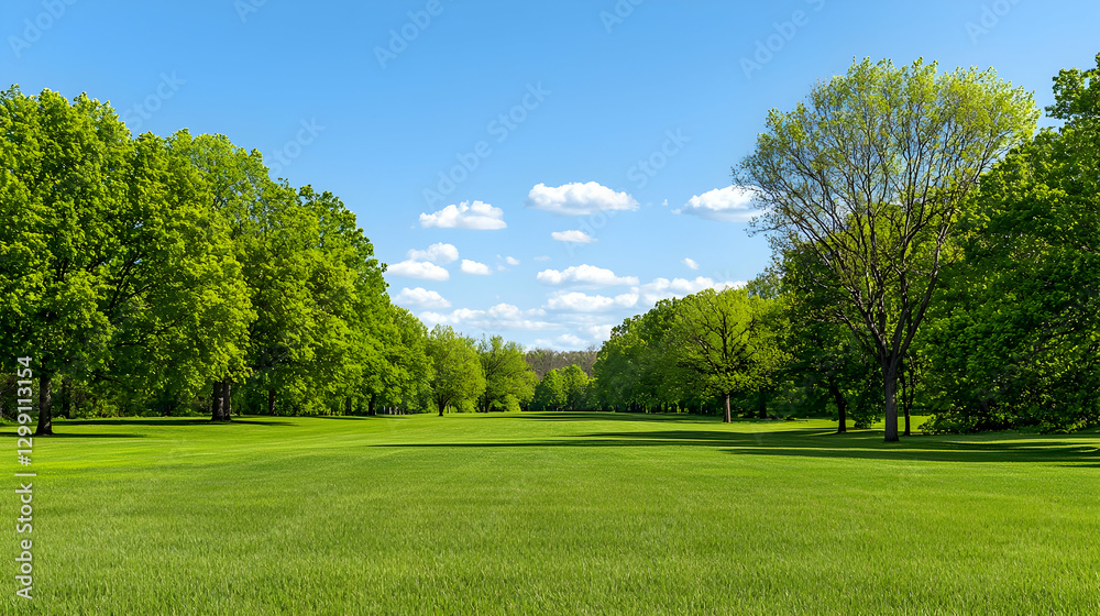Lush Green Meadow with Trees Under a Bright Blue Sky on a Sunny Day Lush Green Meadow with Trees Under a Bright Blue Sky on a Sunny Day