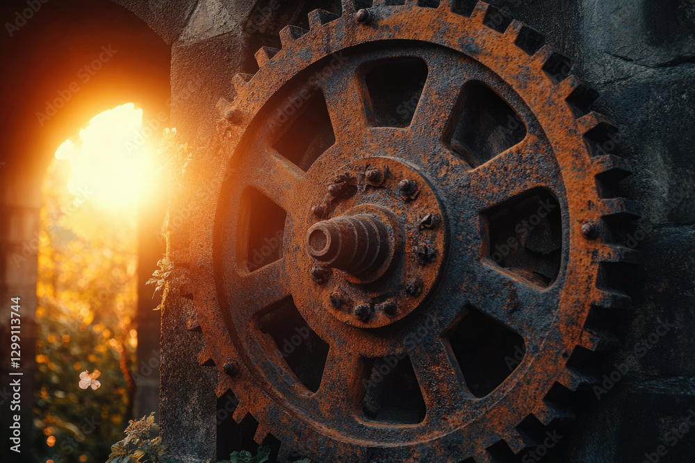 Obraz premium A rusty, old gear wheel, bathed in warm sunset light, sits within a stone structure.