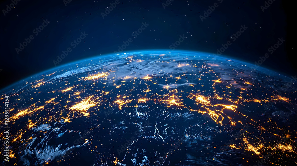 Obraz premium Glowing City Lights On The Earth At Night In Space With Blue Atmosphere and Starry Background