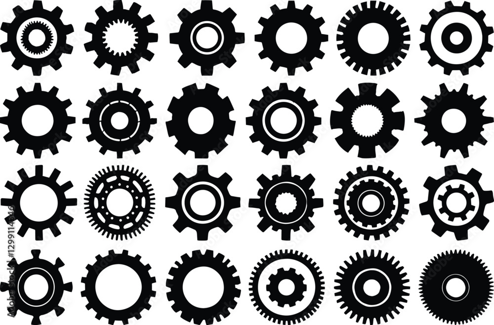 Various gears icons, diverse gears silhouettes, gears vector pack. Various gears icons, diverse gears silhouettes, gears vector pack.