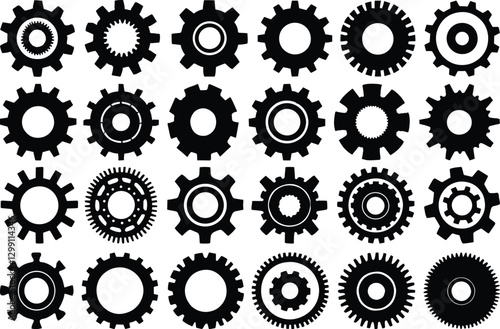 Various gears icons, diverse gears silhouettes, gears vector pack.