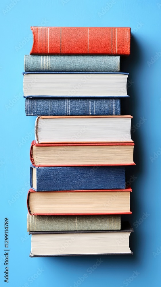 Fototapeta premium Stacked books, blue background, education, knowledge, study