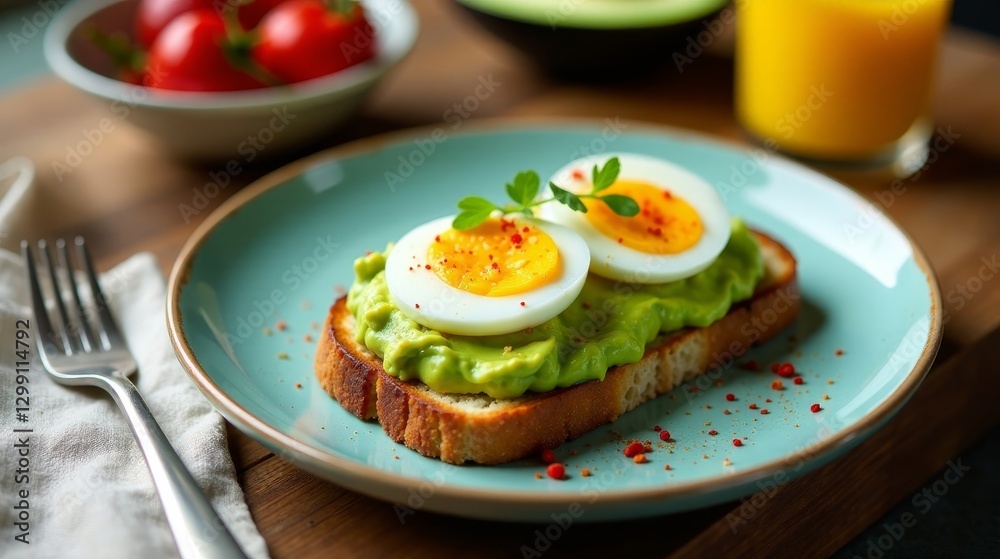 Delicious avocado toast topped with soft-boiled eggs and a sprinkle of spice, served on a teal plate Delicious avocado toast topped with soft-boiled eggs and a sprinkle of spice, served on a teal plate