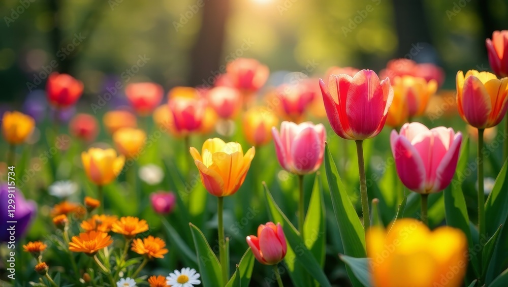 A vibrant field of colorful tulips bathed in the warm glow of the setting sun, showcasing a breathtaking array of spring blooms A vibrant field of colorful tulips bathed in the warm glow of the setting sun, showcasing a breathtaking array of spring blooms