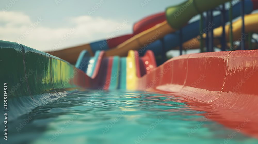 Obraz premium Waterpark slide with colorful lanes. An exciting and refreshing summertime experience. Fun for the whole family, perfect for a hot day and recreation activity.