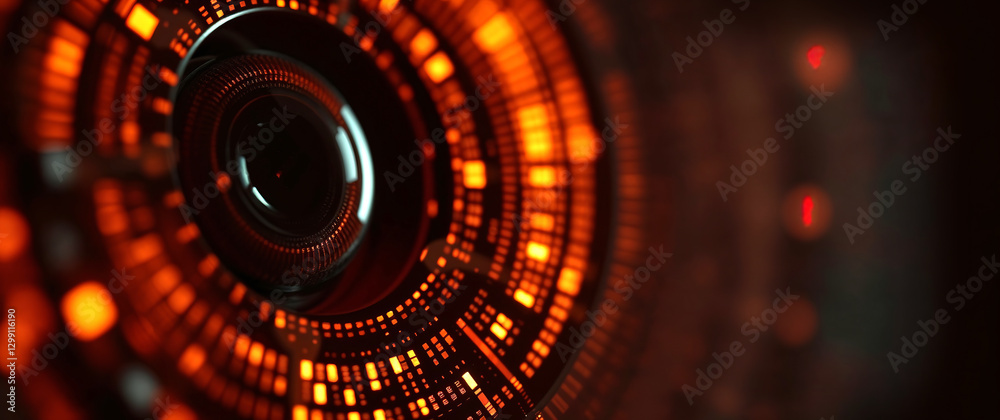 Futuristic technological lens rotating and glowing orange in the dark Futuristic technological lens rotating and glowing orange in the dark