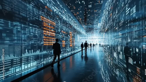 Futuristic digital corridor with silhouettes of people amidst vibrant data streams and glowing lights