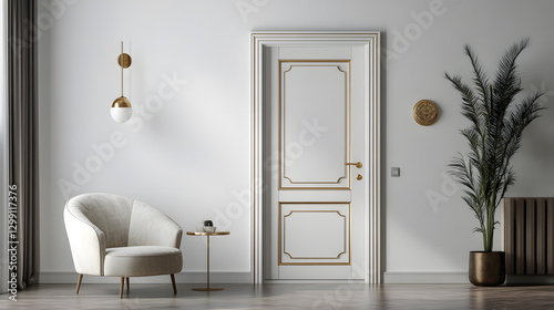 Elegant interior design featuring a stylish armchair, ornate door, and sophisticated decor. Perfect for showcasing home design, interior decorating, or luxury living concepts.