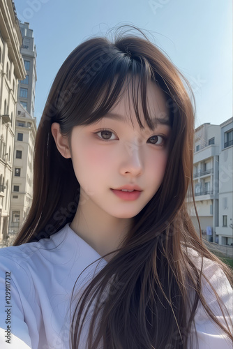 Asian Beautiful Female taking a Selfie Photo - Profile Picture - Young Woman outside on Sunny Day in the City - Eastern Lady in Fashionable Clothing - Modelling for Camera Social Media