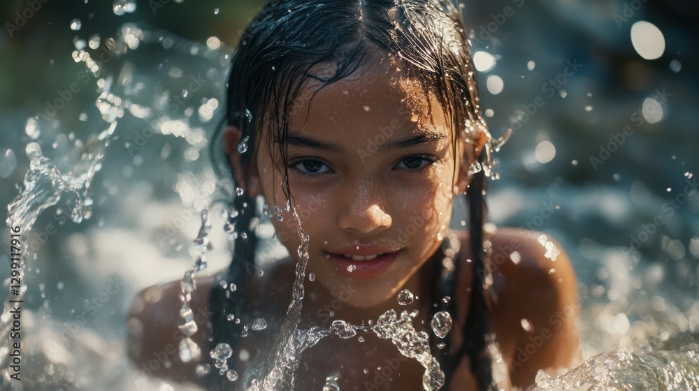 Obraz premium Girl splashes in waterfall, playful child, natural setting, sunlit water