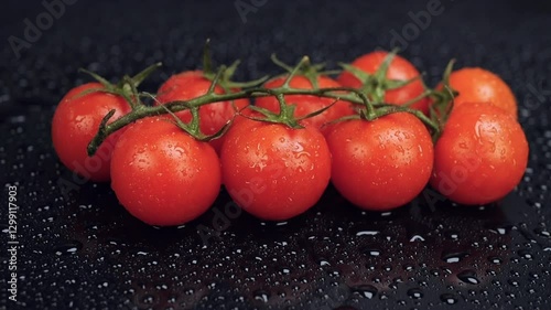 Fresh cherry tomatoes falling on wet black background. Eating healthy raw organic food, vitamins, vegetables concept. Slow motion 