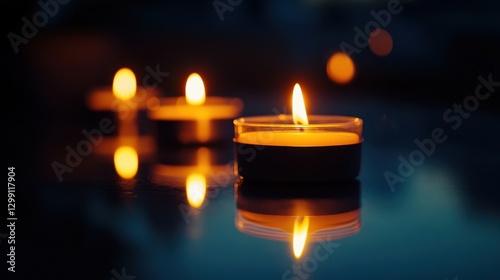 A serene close-up of three flickering tealight candles, casting a warm glow in a tranquil setting.