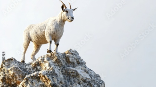 White goat atop rocky mountain peak