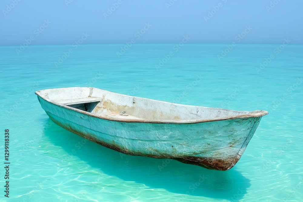 Naklejka premium Serene white boat on crystal clear turquoise sea under blue sky