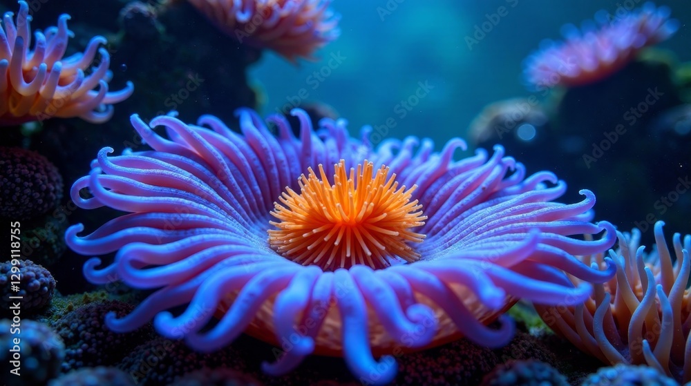 Vibrant Underwater Bloom A Close-Up of a Striking Sea Anemone with Delicate Tentacles and a Radiant Center, Illuminated by Aquatic Light Vibrant Underwater Bloom A Close-Up of a Striking Sea Anemone with Delicate Tentacles and a Radiant Center, Illuminated by Aquatic Light