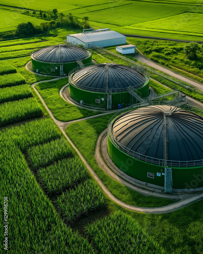 Anaerobic digestion biogas systems. Aerial view of a biogas plant featuring anaerobic digesters and greenery.
