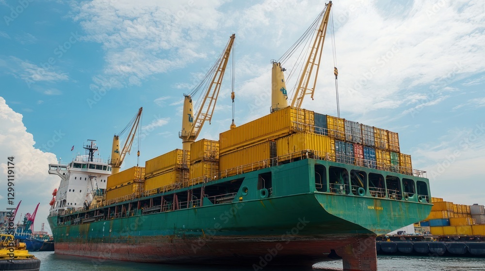 Fototapeta premium Export cargo loading process on freight ship at port industrial viewpoint transportation scene