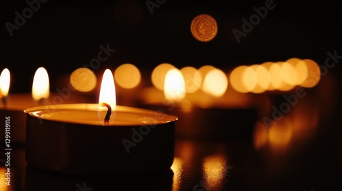 A serene glow from a row of lit tealight candles, creating a warm and inviting atmosphere.