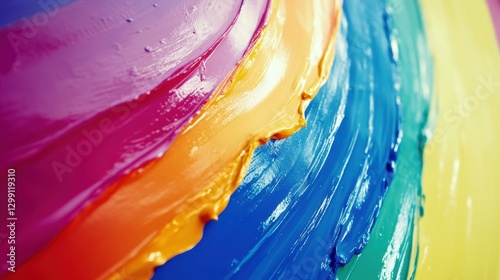 Vibrant close-up of multicolored paint swirls, showcasing a rich spectrum of orange, purple, blue, and green hues. photo