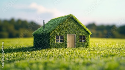A whimsical house made entirely of lush green grass, set in a vibrant field under a clear blue sky.