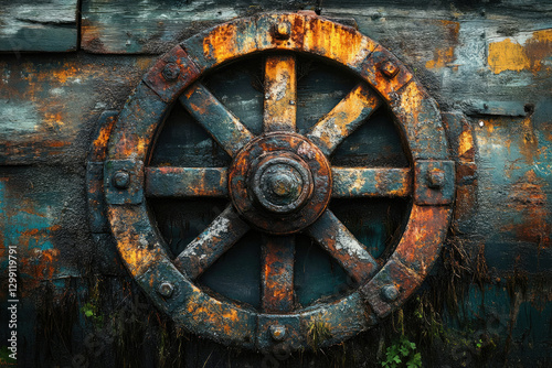 A rusty, weathered industrial wheel affixed to aged wood, showcasing a blend of dark blues, oranges, and browns. photo