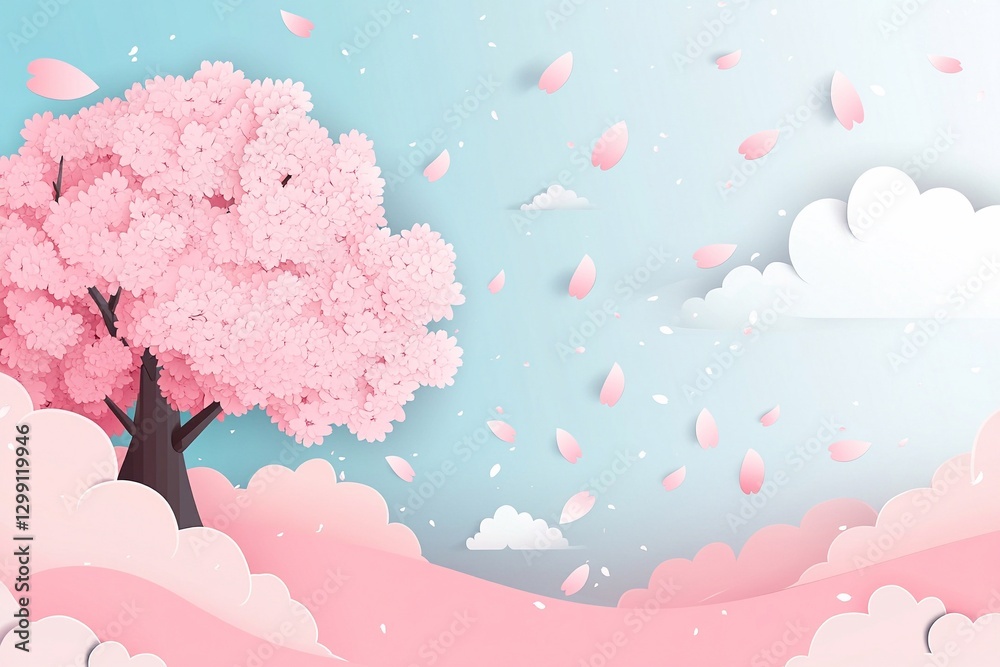Fototapeta premium Cherry blossom tree stands majestically against a pastel sky, with petals gently falling on a serene landscape