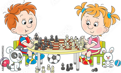 Little children playing chess at their small table among funny toys in a playroom of a kindergarten, vector cartoon illustration on a white background