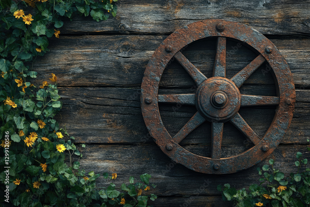 Rustic wooden background with an old, rusty wagon wheel and yellow flowers. Rustic wooden background with an old, rusty wagon wheel and yellow flowers.