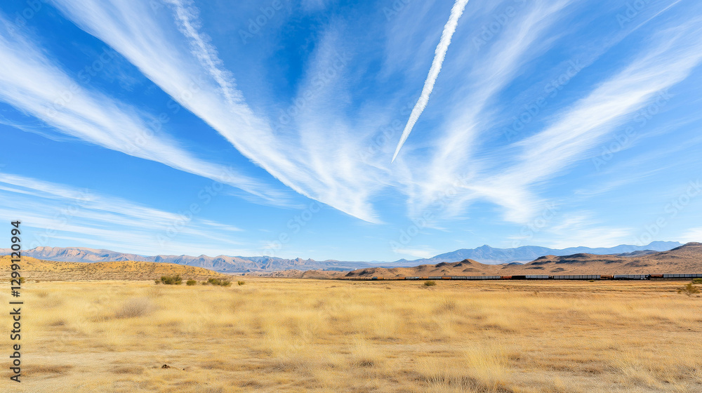 Fototapeta premium Expansive desert landscape with train and dramatic sky in arid region