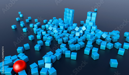 Bild auf Leinwand Red ball smashes blue wall of cubes