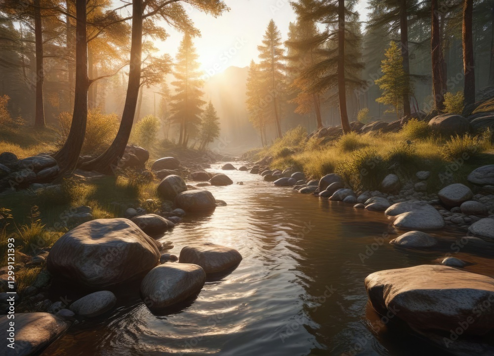 Obraz premium Warm light of sunset on a forest river scene with rocks and trees, sunset, trees, natural, forest